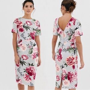 ASOS Blue Floral Rose Wiggle Midi Tulip Dress